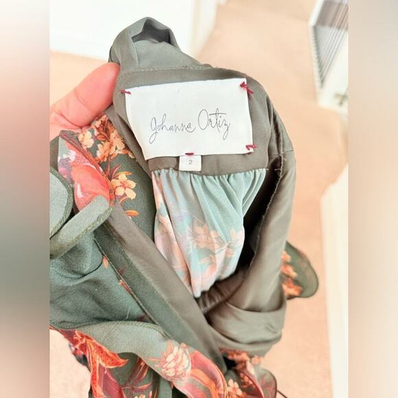 Johanna Ortiz Renaissance Forest Green Floral Print Ruffle Silk Maxi Gown 2 - Picture 15 of 15